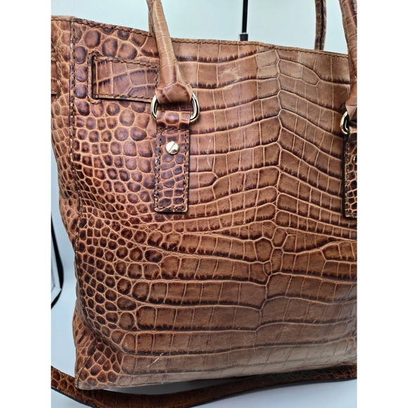 Michael‎ Kors Crocodile Embossed Leather Tote Shoulder Bag Brown Gold Lock Key - Picture 8 of 12